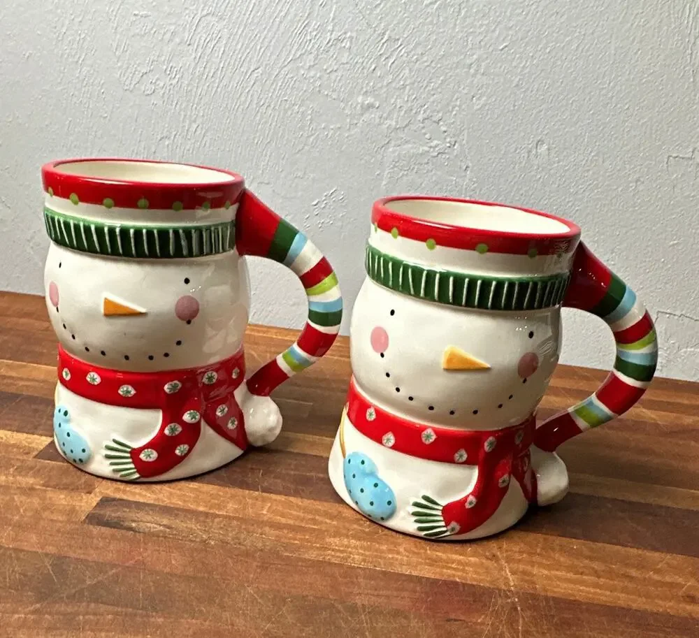 Pier 1 Hand-Painted Ceramic Snowman Christmas Mugs Set of 2, 6in MPN 2700247